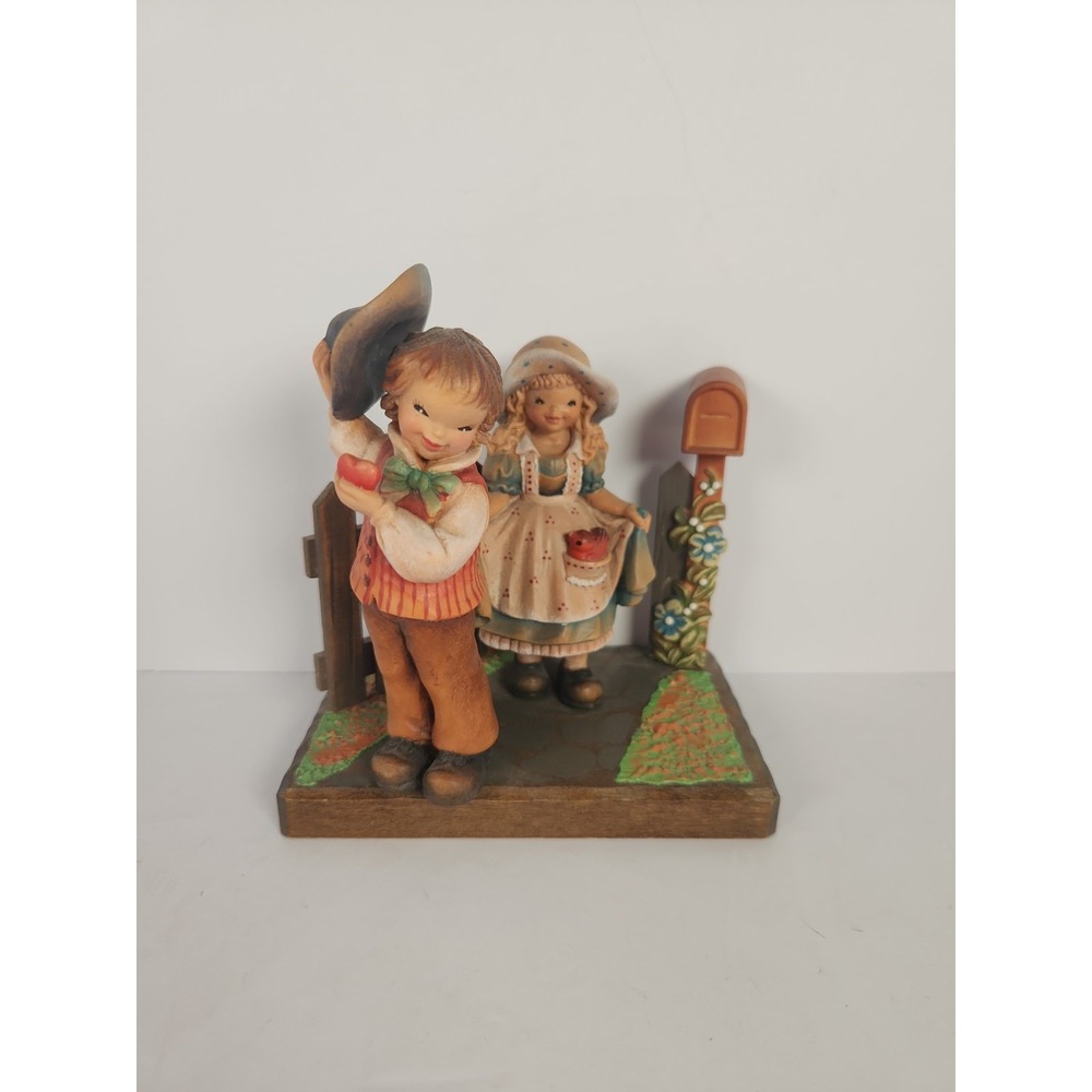ANRI Sarah Kay Wood Carving Figurine Mailbox Set Kiss Me Bashful 6" ITALY